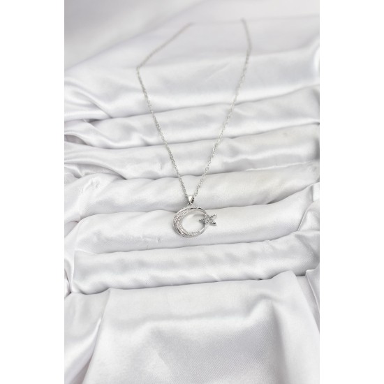 316L Çelik Zincir Gümüş Renk Ay Yıldız Model Zirkon Taşlı Kadın Kolye - TJ-BKO10904