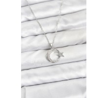 316L Çelik Zincir Gümüş Renk Ay Yıldız Model Zirkon Taşlı Kadın Kolye - TJ-BKO10904