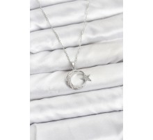 316L Çelik Zincir Gümüş Renk Ay Yıldız Model Zirkon Taşlı Kadın Kolye - TJ-BKO10904