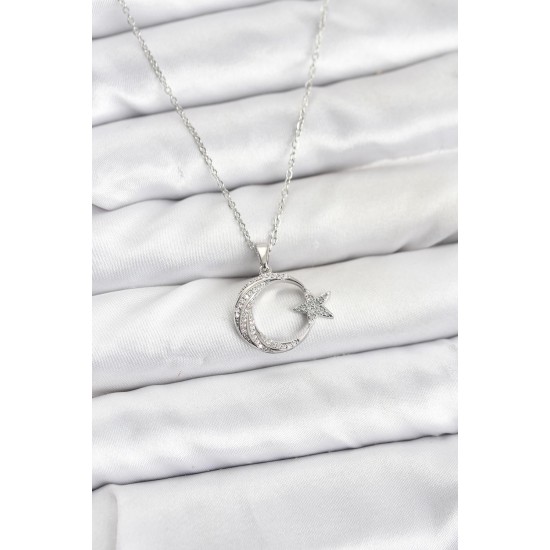 316L Çelik Zincir Gümüş Renk Ay Yıldız Model Zirkon Taşlı Kadın Kolye - TJ-BKO10904