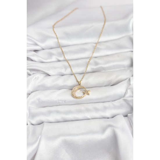 316L Çelik Zincir Gold Renk Ay Yıldız Model Zirkon Taşlı Kadın Kolye - TJ-BKO10905