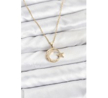 316L Çelik Zincir Gold Renk Ay Yıldız Model Zirkon Taşlı Kadın Kolye - TJ-BKO10905