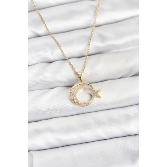 316L Çelik Zincir Gold Renk Ay Yıldız Model Zirkon Taşlı Kadın Kolye - TJ-BKO10905