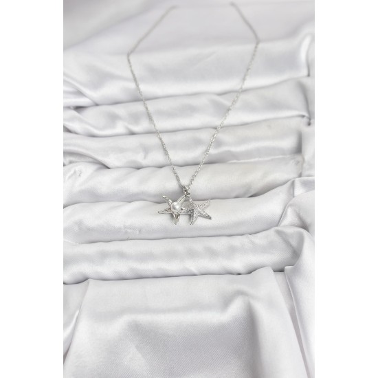 316L Çelik Zincir Gümüş Renk Deniz Yıldızı Model Zirkon Taşlı Kadın Kolye - TJ-BKO10906