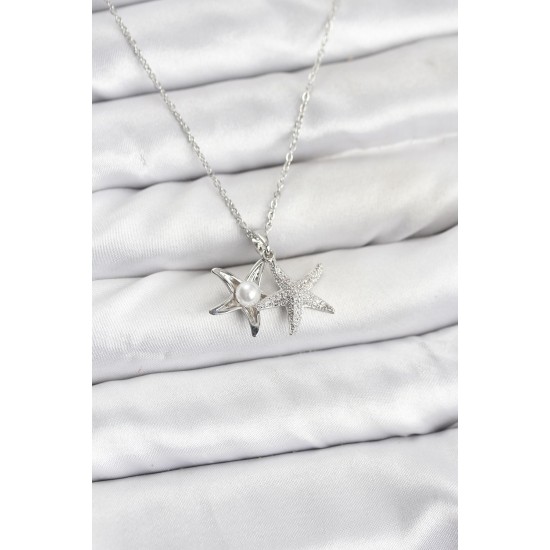 316L Çelik Zincir Gümüş Renk Deniz Yıldızı Model Zirkon Taşlı Kadın Kolye - TJ-BKO10906