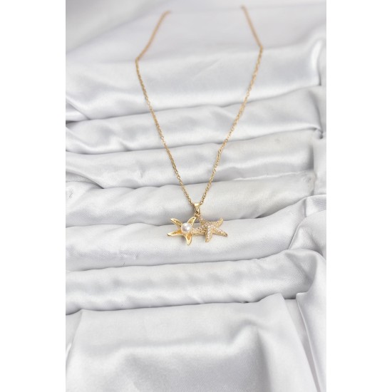 316L Çelik Zincir Gold Renk Deniz Yıldızı Model Zirkon Taşlı Kadın Kolye - TJ-BKO10907