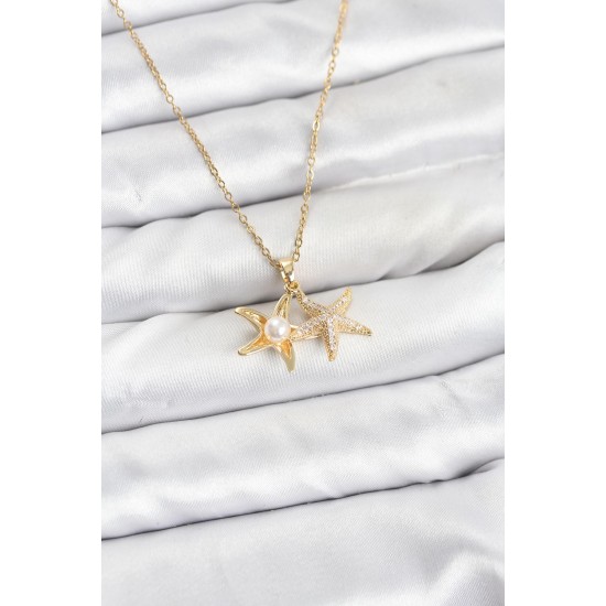 316L Çelik Zincir Gold Renk Deniz Yıldızı Model Zirkon Taşlı Kadın Kolye - TJ-BKO10907