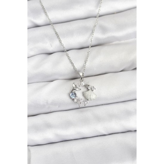 316L Çelik Zincir Gümüş Renk Deniz Tema Model Zirkon Taşlı Kadın Kolye - TJ-BKO10908