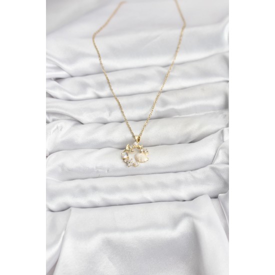 316L Çelik Zincir Gold Renk Deniz Tema Model Zirkon Taşlı Kadın Kolye - TJ-BKO10909