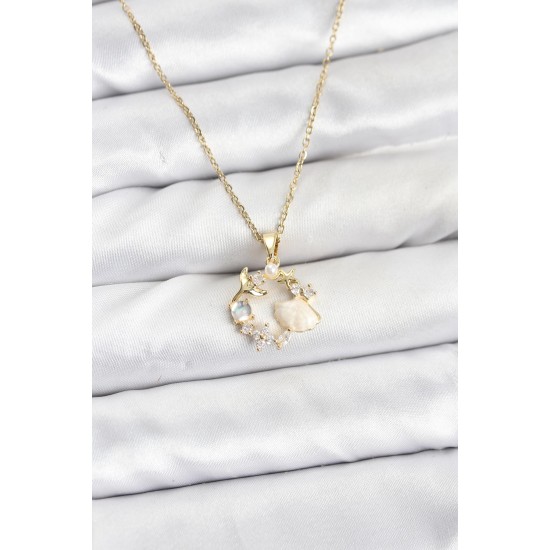 316L Çelik Zincir Gold Renk Deniz Tema Model Zirkon Taşlı Kadın Kolye - TJ-BKO10909