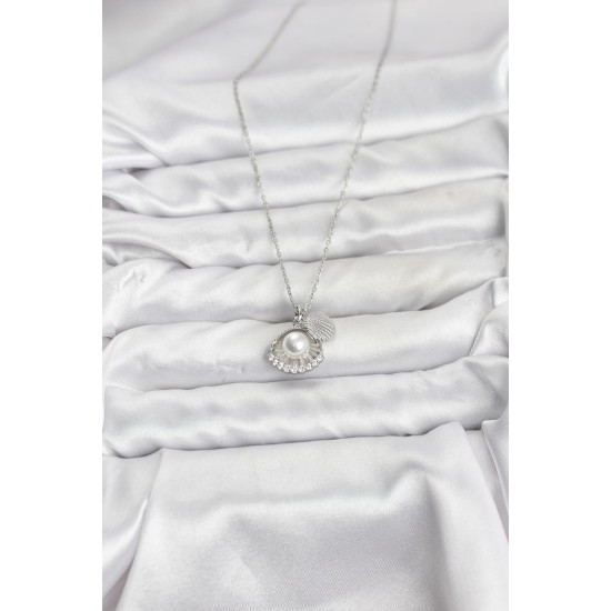 316L Çelik Zincir Gümüş Renk İncili Deniz Kabuğu Model Zirkon Taşlı Kadın Kolye - TJ-BKO10910