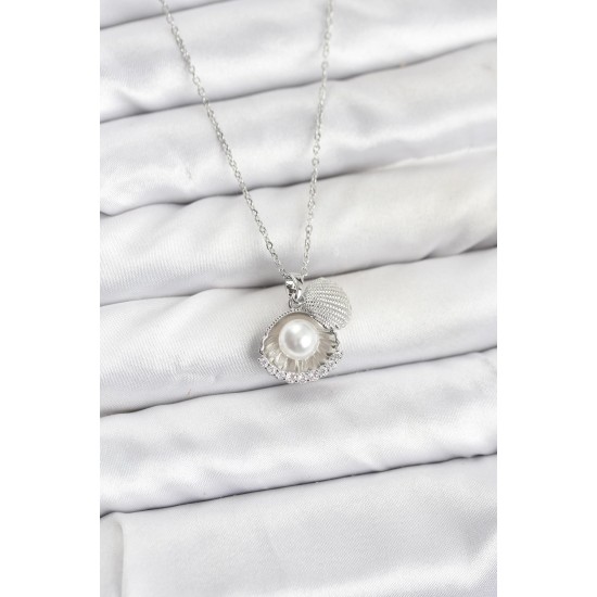 316L Çelik Zincir Gümüş Renk İncili Deniz Kabuğu Model Zirkon Taşlı Kadın Kolye - TJ-BKO10910