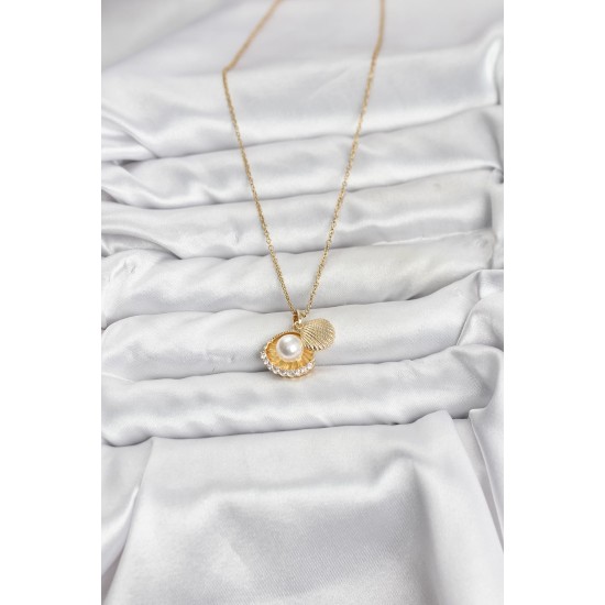 316L Çelik Zincir Gold Renk İncili Deniz Kabuğu Model Zirkon Taşlı Kadın Kolye - TJ-BKO10911