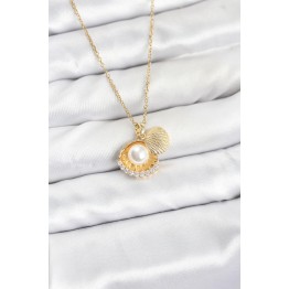 316L Çelik Zincir Gold Renk İncili Deniz Kabuğu Model Zirkon Taşlı Kadın Kolye TJ-BKO10911