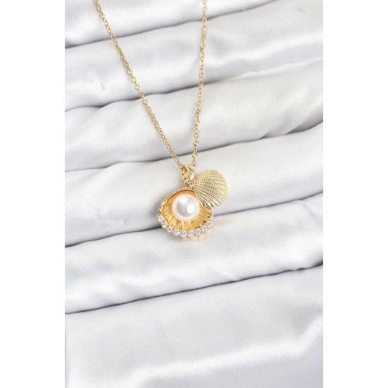 316L Çelik Zincir Gold Renk İncili Deniz Kabuğu Model Zirkon Taşlı Kadın Kolye - TJ-BKO10911