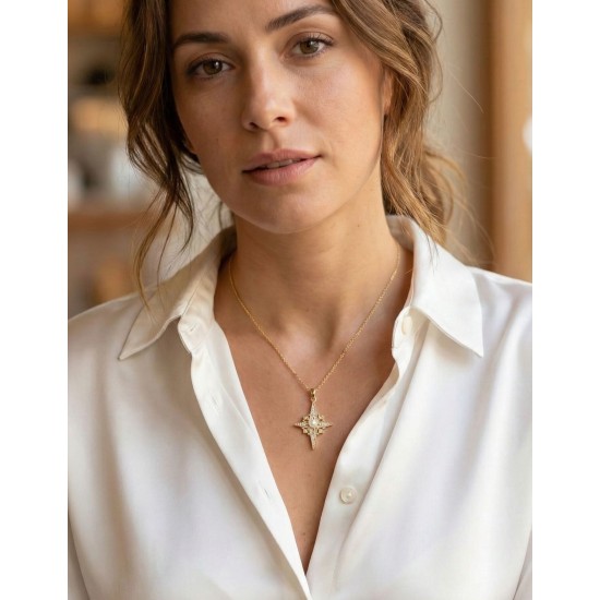 316L Çelik Zincir Gold Renk Kutup Yıldızı Model Zirkon Taşlı Kadın Kolye - TJ-BKO10893