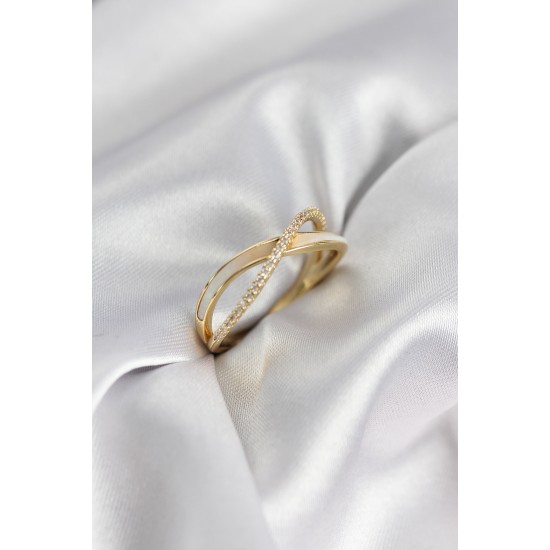 Zirkon Taşlı Sarmal Sedefli Gold Renk Kadın Yüzük - TJ-BYK3927