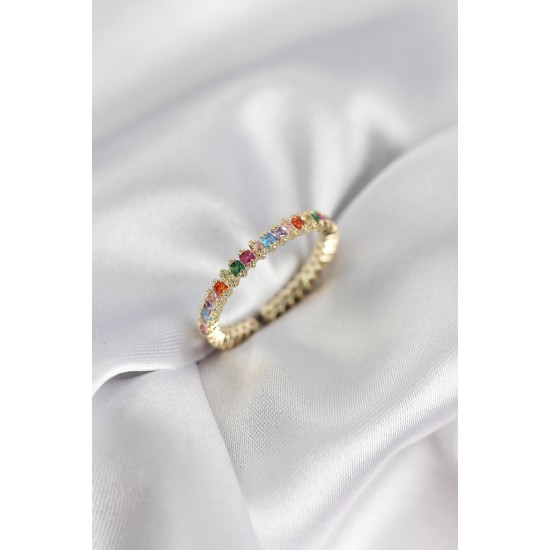Sıralı Karışık Renkli Gold Renk Zirkon Taşlı Kadın Yüzük - TJ-BYK3928