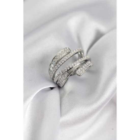 Sarmal Zirkon Baget Taşlı Gümüş Renk Kadın Yüzük - TJ-BYK3929