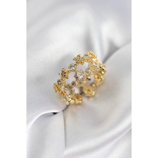 Zirkon Taşlı 2'li Model Gold Renk Kadın Yüzük - TJ-BYK3936