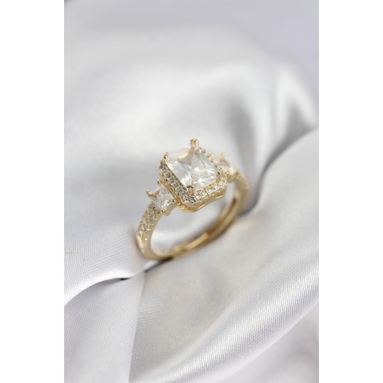 Gold Renk Kare Baget Zirkon Taşlı Tek Taş Model Kadın Yüzük - TJ-BYK3938