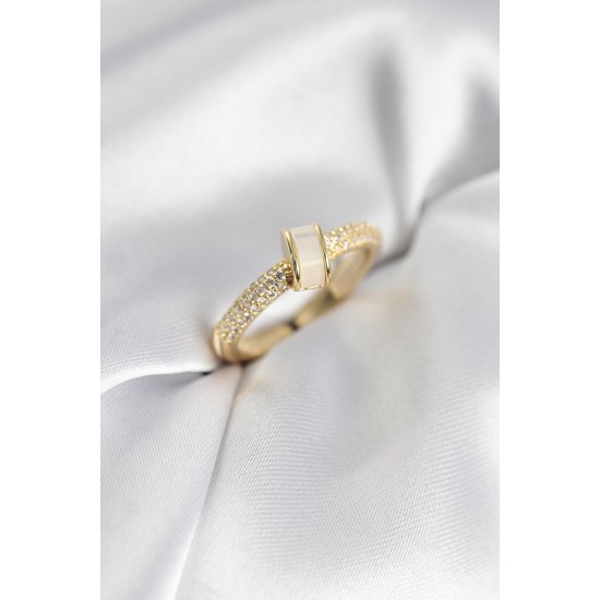 Zirkon Taşlı Sedefli Gold Renk Kadın Yüzük - TJ-BYK3942