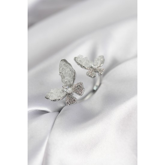 Gümüş Renk Beyaz Kelebek Model Zirkon Taşlı Kadın Yüzük - TJ-BYK3943