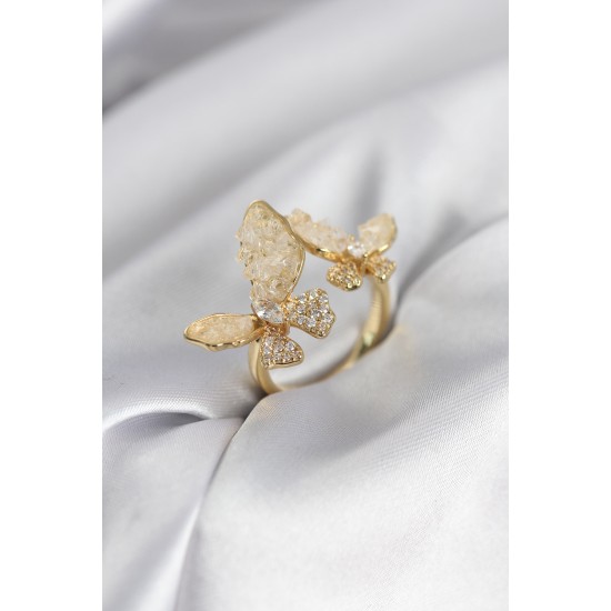 Gold Renk Beyaz Kelebek Model Zirkon Taşlı Kadın Yüzük - TJ-BYK3944