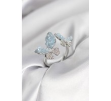 Gümüş Renk Mavi Kelebek Model Zirkon Taşlı Kadın Yüzük - TJ-BYK3945
