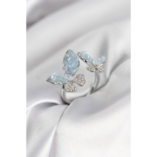 Gümüş Renk Mavi Kelebek Model Zirkon Taşlı Kadın Yüzük - TJ-BYK3945
