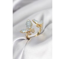 Gold Renk Mavi Kelebek Model Zirkon Taşlı Kadın Yüzük - TJ-BYK3946