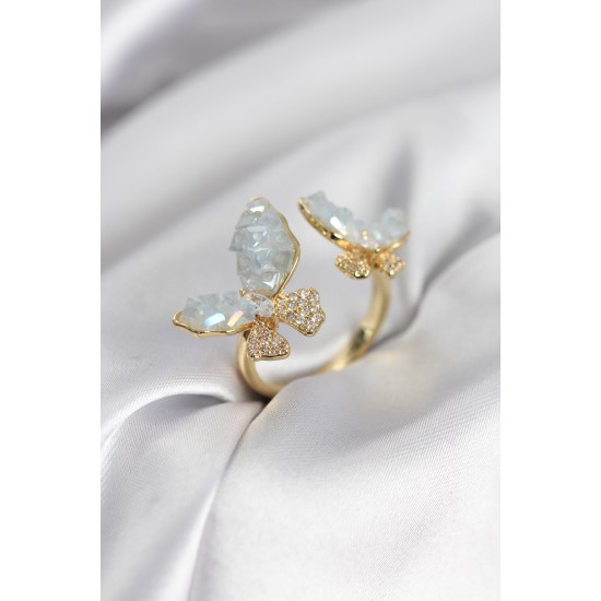 Gold Renk Mavi Kelebek Model Zirkon Taşlı Kadın Yüzük - TJ-BYK3946