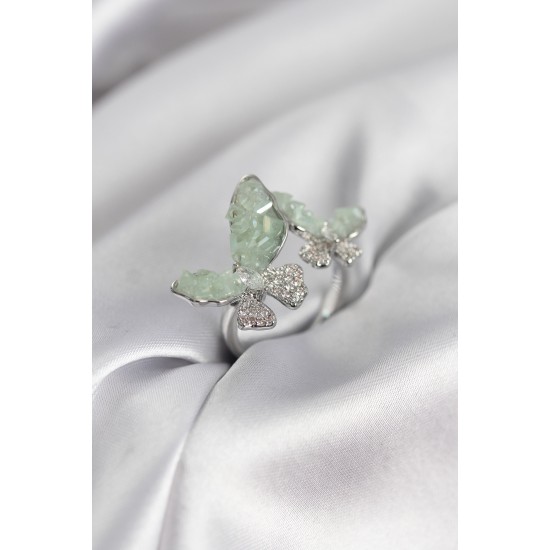 Gümüş Renk Su Yeşili Kelebek Model Zirkon Taşlı Kadın Yüzük - TJ-BYK3947