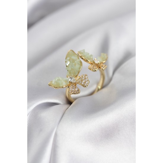 Gold Renk Su Yeşili Kelebek Model Zirkon Taşlı Kadın Yüzük - TJ-BYK3948
