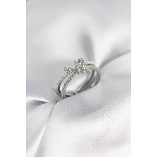 Gümüş Renk İncili Zirkon Taşlı Düğüm Kadın Yüzük - TJ-BYK3949