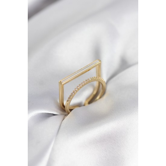 Gold Renk Sedefli Zirkon Taşlı 2'li Kadın Yüzük - TJ-BYK3955