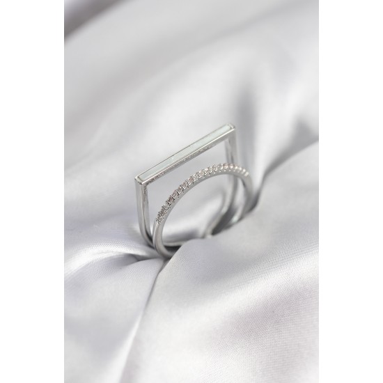 Gümüş Renk Sedefli Zirkon Taşlı 2'li Kadın Yüzük - TJ-BYK3956