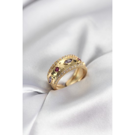 Gold Renk Zirkon Taşlı Vintage Kadın Yüzük - TJ-BYK3959