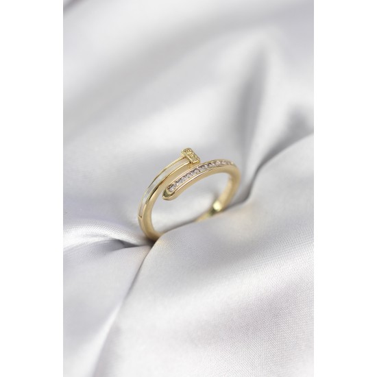 Zirkon Taşlı Gold Renk Yassı Çivi Model Kadın Yüzük - TJ-BYK3961