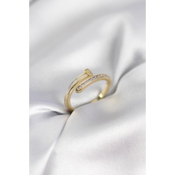 Zirkon Taşlı Gold Renk Yassı Çivi Model Kadın Yüzük - TJ-BYK3961