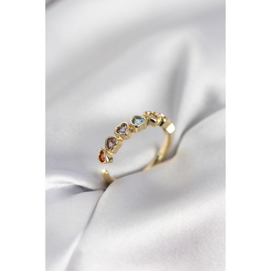 Gold Renk Kalp Model Renkli Zirkon Taşlı Kadın Yüzük - TJ-BYK3963