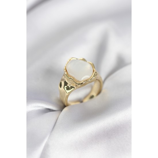 Gold Renk Beyaz Taşlı Vintage Kadın Yüzük - TJ-BYK3964