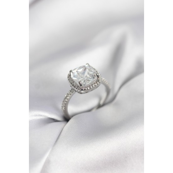 Kare Tek Taş Model Zirkon Taşlı Gümüş Renk Kadın Yüzük - TJ-BYK3969