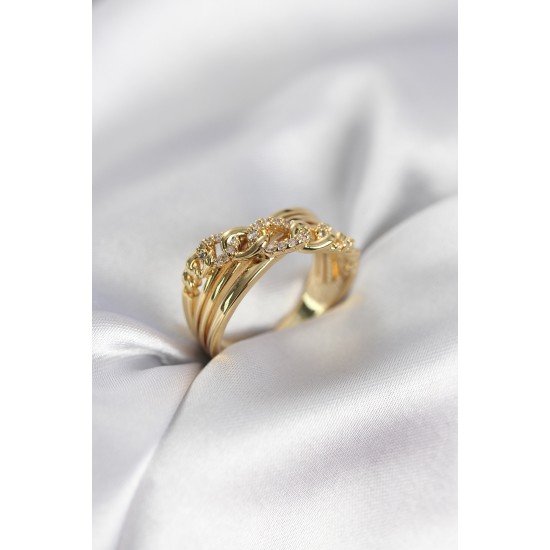 Gold Renk Zirkon Taşlı Zincir Model Kadın Yüzük - TJ-BYK3971