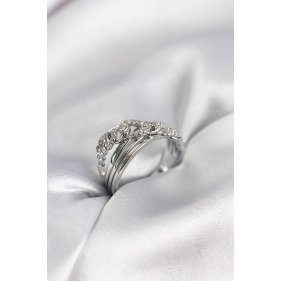 Gümüş Renk Zirkon Taşlı Zincir Model Kadın Yüzük - TJ-BYK3972