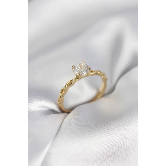 Gold Renk Sarmal Zincir Model Tek Taş Model Zirkon Taşlı Kadın Yüzük - TJ-BYK3975