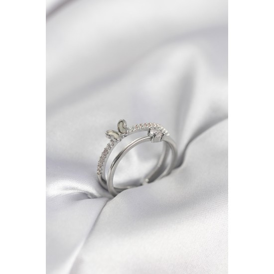 Gümüş Renk 2'li Zirkon Taşlı Kelebek Model Kadın Yüzük - TJ-BYK3978