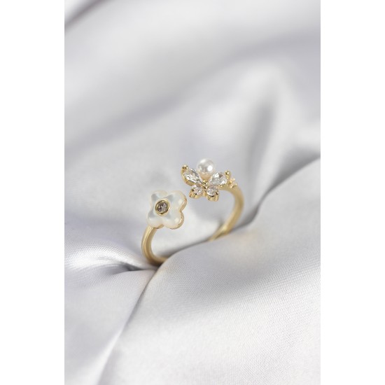 Gold Renk Sedefli Çiçek Model Kadın Yüzük - TJ-BYK3981