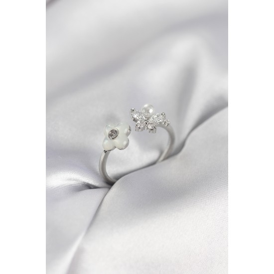 Gümüş Renk Sedefli Çiçek Model Kadın Yüzük - TJ-BYK3982