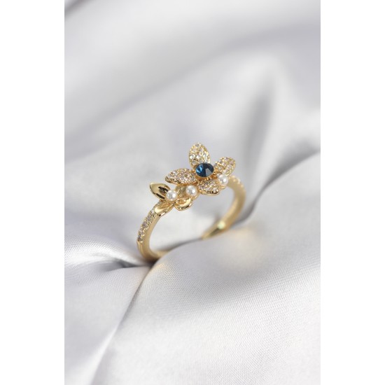 Gold Renk Çiçek Model Zirkon Taşlı Kadın Yüzük - TJ-BYK3983